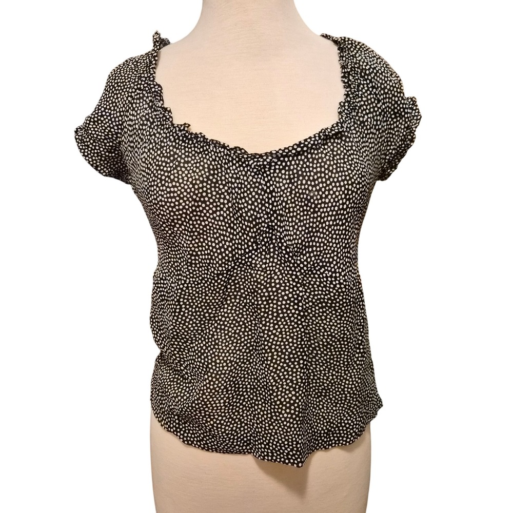 Betsey Johnson New York Black White Polka Dot Ruffle Neck Sheer Blouse Large